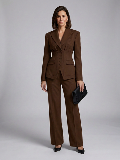 A woman models a structured brown two-piece suit consisting of a belted blazer and matching wide-leg trousers, styled with a black clutch and black heels against a neutral gray studio background.