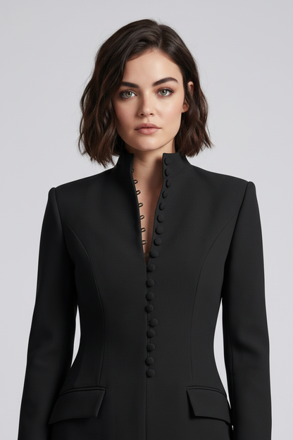 A woman modeling a black structured mini dress with a high mock neck, front button placket, and flap pockets, paired with sheer black tights and black pointed heels, against a light gray studio background.