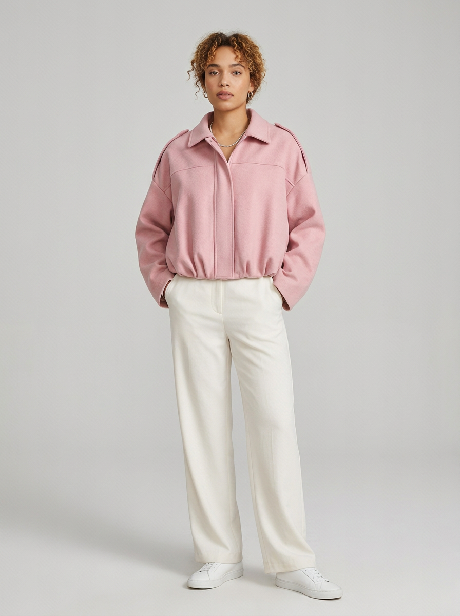 A model stands against a light gray studio background wearing a dusty pink cropped jacket with shoulder epaulets, off-white wide-leg trousers, and white sneakers.