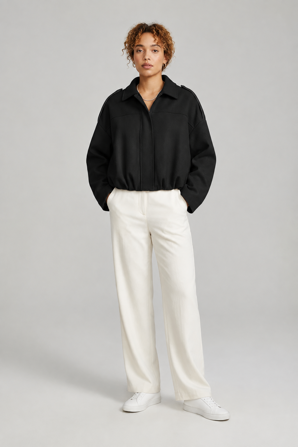 Suede Textured Oversized Bomber Jacket with Lapel Collar in Black, studio shot