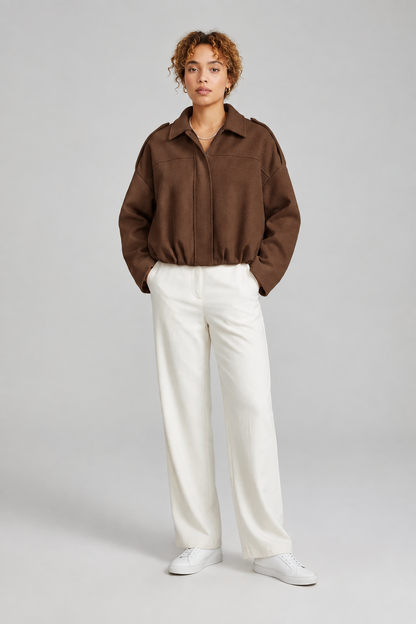 Suede Textured Oversized Bomber Jacket with Lapel Collar in Coffee, studio shot