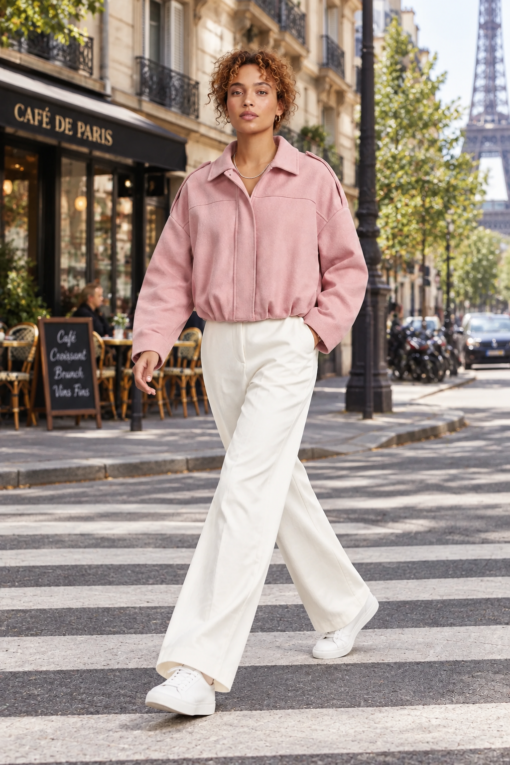 A woman walking on a city crosswalk wearing a light pink cropped jacket, white wide-leg trousers, and white sneakers. The background shows a Parisian street with a cafe, trees, and the Eiffel Tower in the distance.