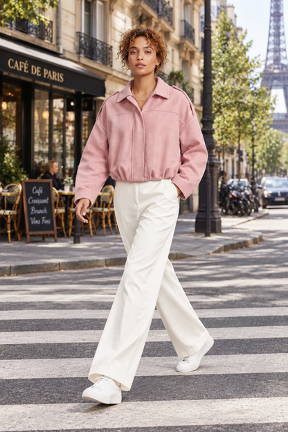 A woman walking on a city crosswalk wearing a light pink cropped jacket, white wide-leg trousers, and white sneakers. The background shows a Parisian street with a cafe, trees, and the Eiffel Tower in the distance.