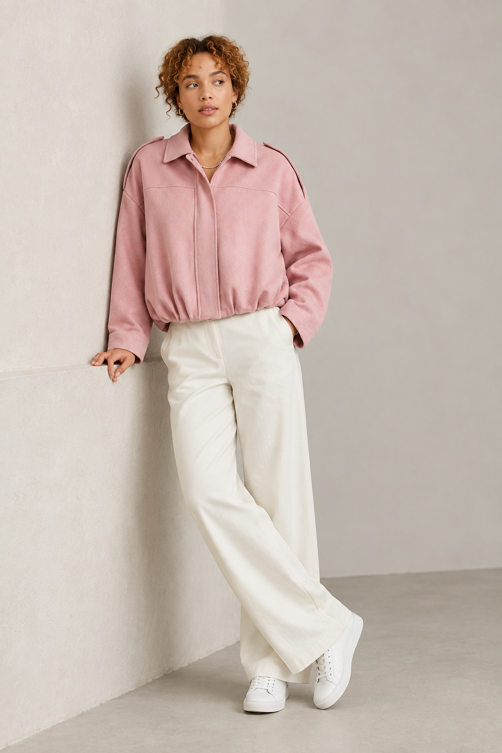 A model wearing a dusty pink cropped jacket, white wide-leg trousers, and white sneakers, leaning against a textured light gray wall.