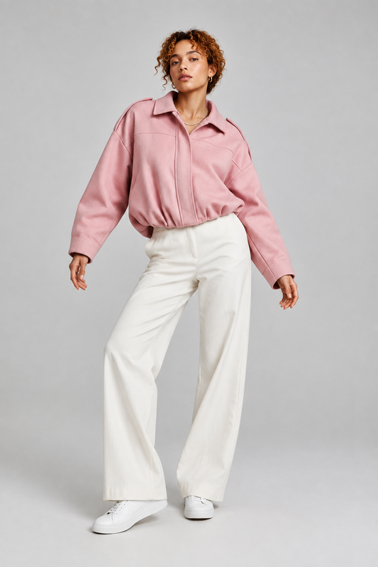 A model wearing a pink cropped zip-up jacket, white wide-leg trousers, and white sneakers, standing against a neutral gray studio background.