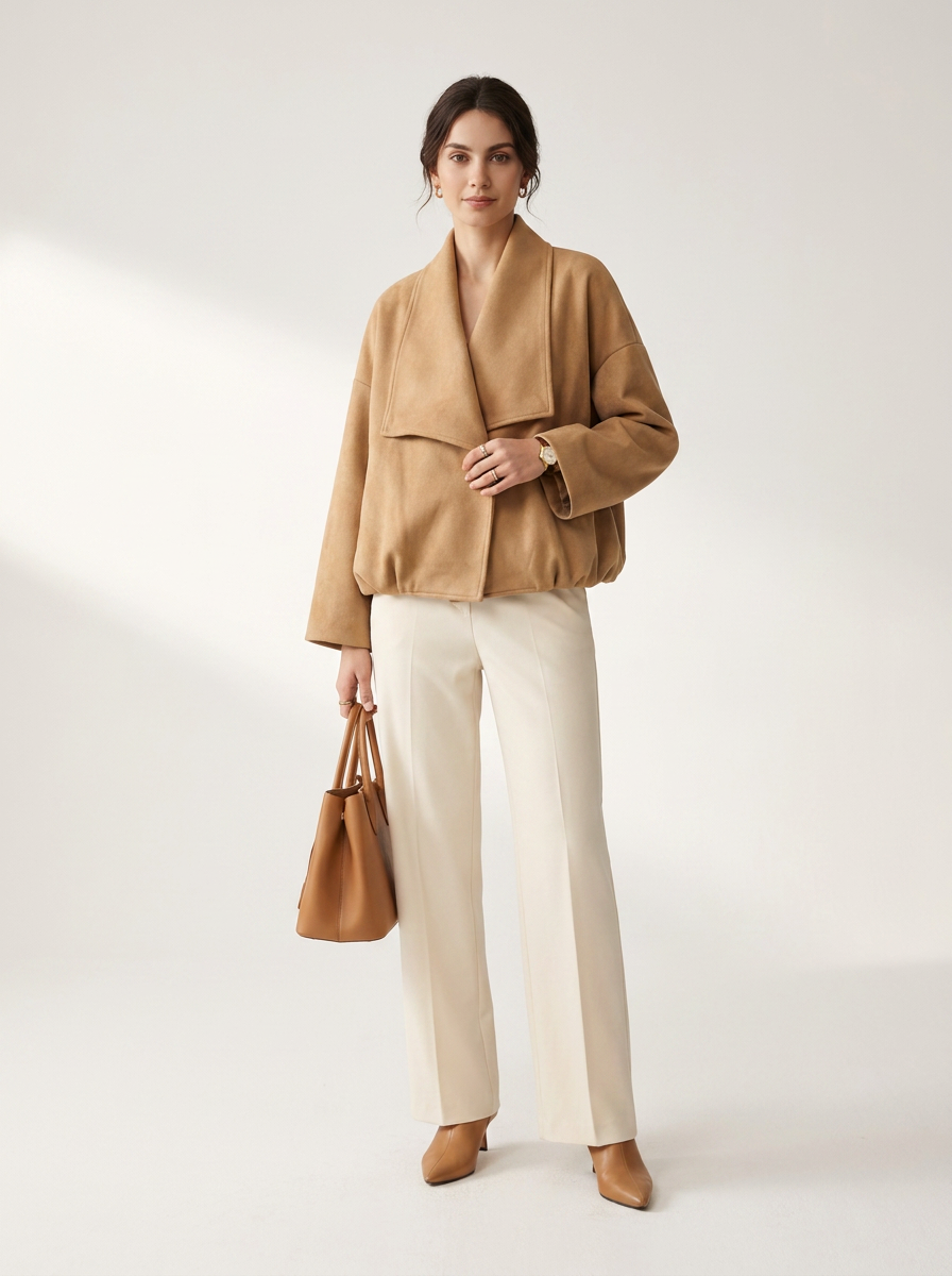 A woman stands against a light neutral studio background wearing a camel wrap-style jacket, cream wide-leg trousers, tan pointed shoes, and holding a matching tan handbag.