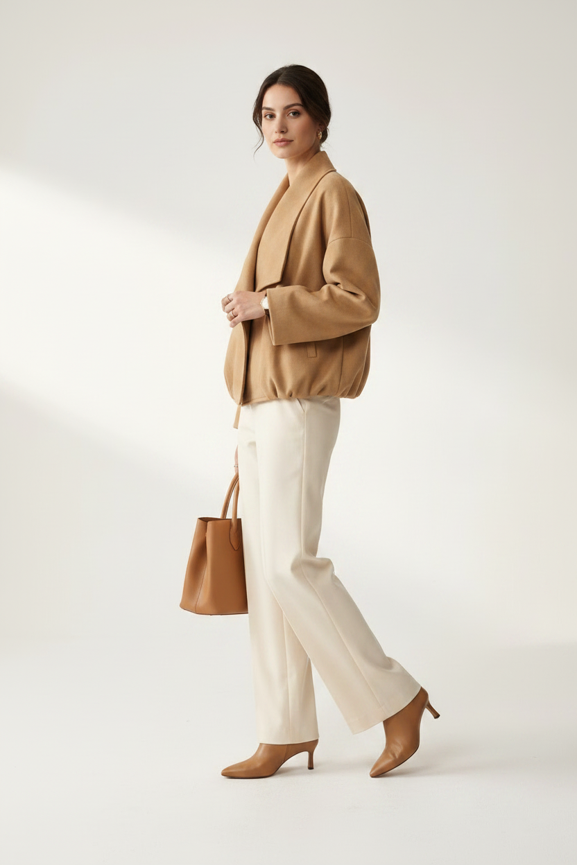A woman stands against a light neutral studio background wearing a camel wrap-style jacket, cream wide-leg trousers, tan pointed shoes, and holding a matching tan handbag.