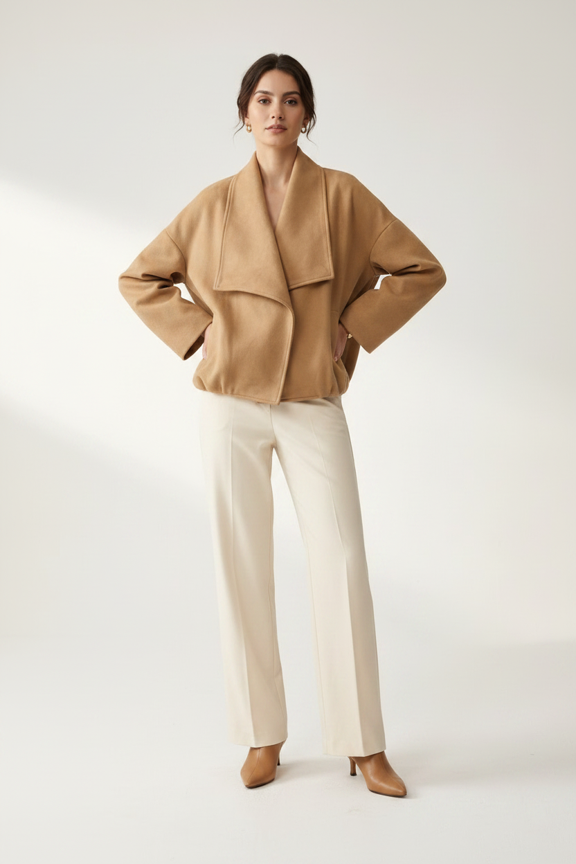 A model stands against a clean, off-white studio background wearing a camel-colored wrap jacket, cream wide-leg trousers, and tan pointed-toe heels.