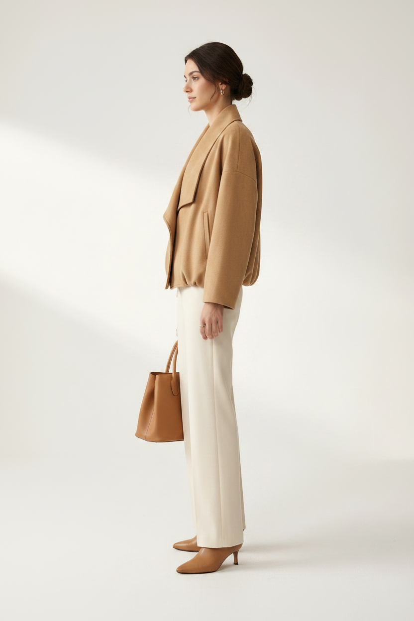 A woman stands against a light neutral studio background wearing a camel wrap-style jacket, cream wide-leg trousers, tan pointed shoes, and holding a matching tan handbag.