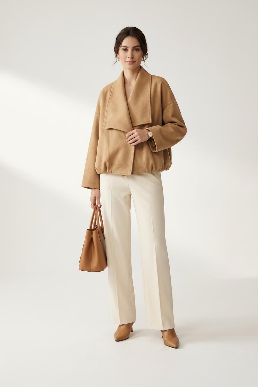 A woman stands against a light neutral studio background wearing a camel wrap-style jacket, cream wide-leg trousers, tan pointed shoes, and holding a matching tan handbag.