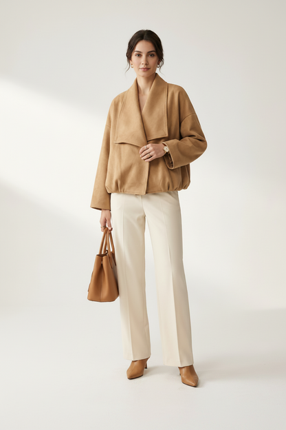 A woman stands against a light neutral studio background wearing a camel wrap-style jacket, cream wide-leg trousers, tan pointed shoes, and holding a matching tan handbag.