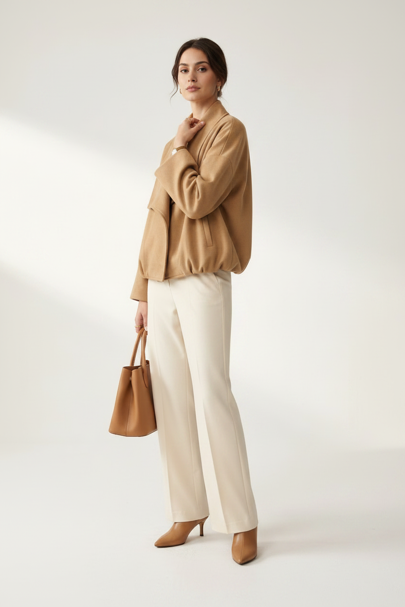A woman stands against a light neutral studio background wearing a camel wrap-style jacket, cream wide-leg trousers, tan pointed shoes, and holding a matching tan handbag.