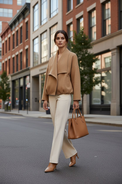 A woman stands in a studio wearing a camel-colored cropped jacket, off-white wide-leg trousers, and tan heeled shoes, while holding a matching tan tote bag.