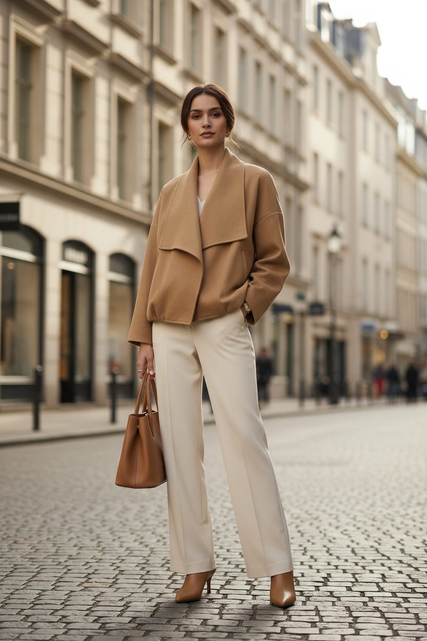 A woman stands in a studio wearing a camel-colored cropped jacket, off-white wide-leg trousers, and tan heeled shoes, while holding a matching tan tote bag.