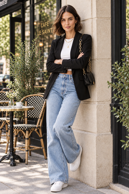 A woman walking on a city sidewalk wearing a black blazer, white cropped tank top, light-wash blue jeans, and white sneakers, with a black shoulder bag featuring a gold chain strap.
