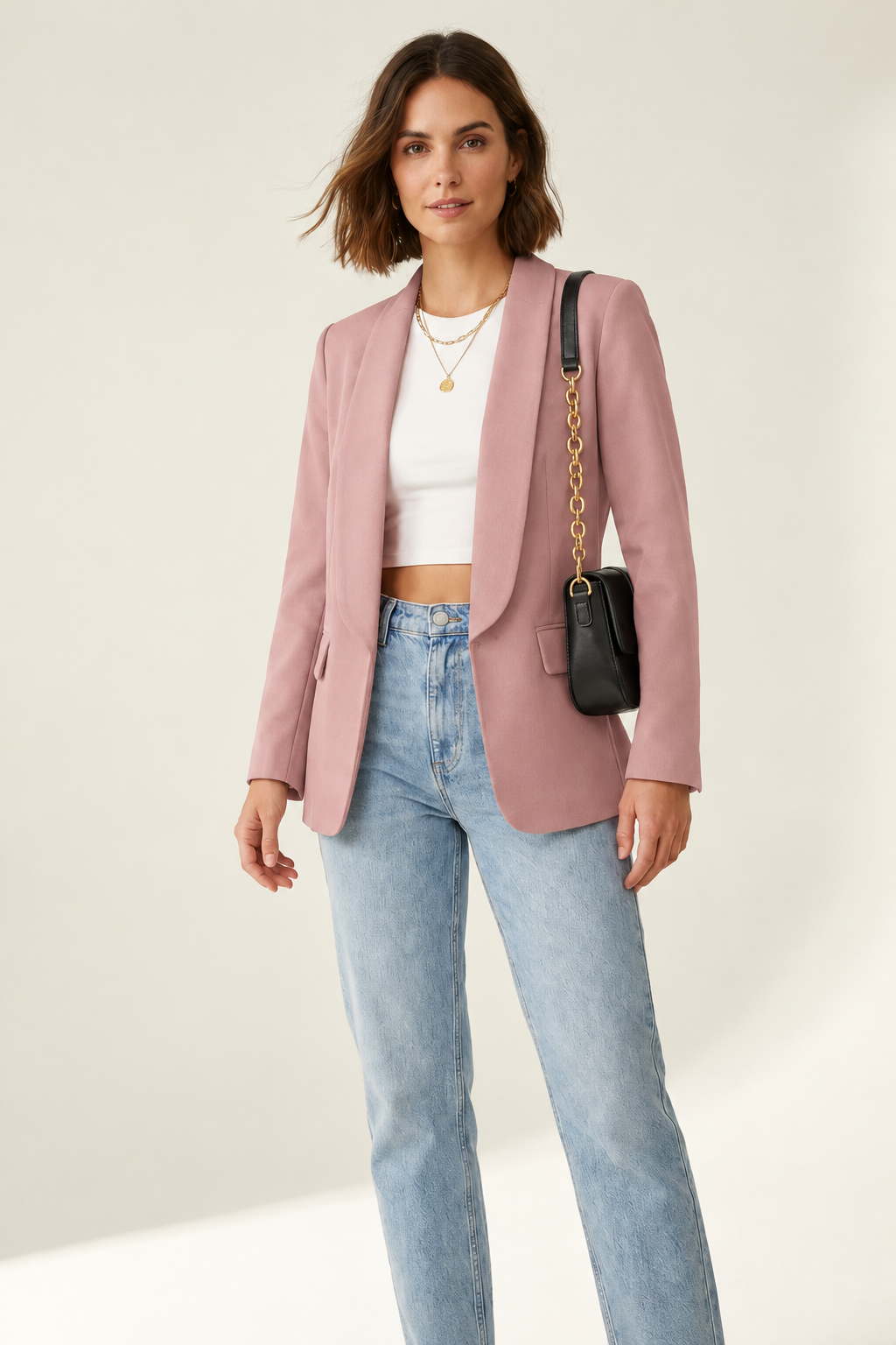Tailored Open-Front Blazer with Structured Shoulders and Flap Pockets in Pink, studio shot