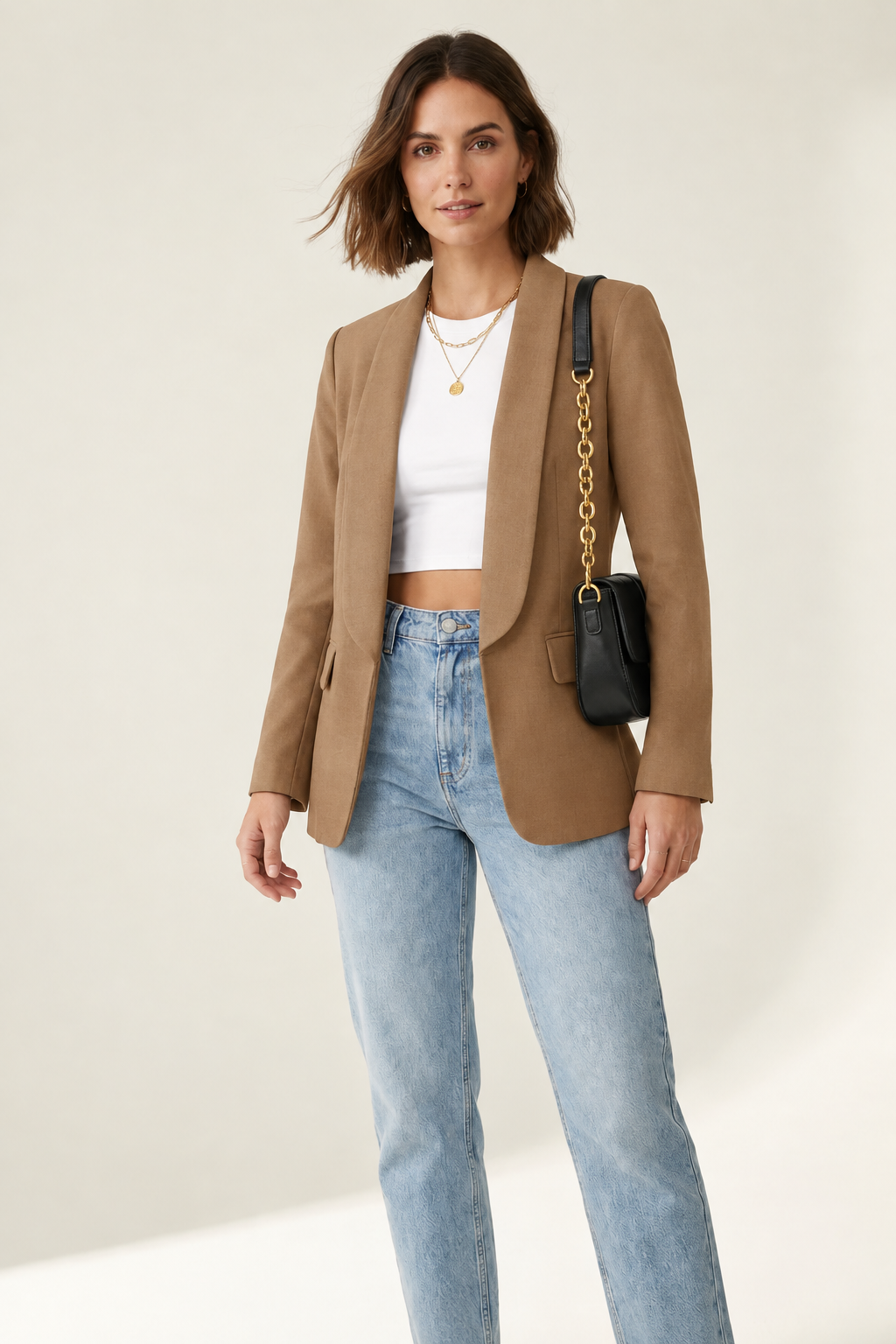 Tailored Open-Front Blazer with Structured Shoulders and Flap Pockets in Light Brown, studio shot