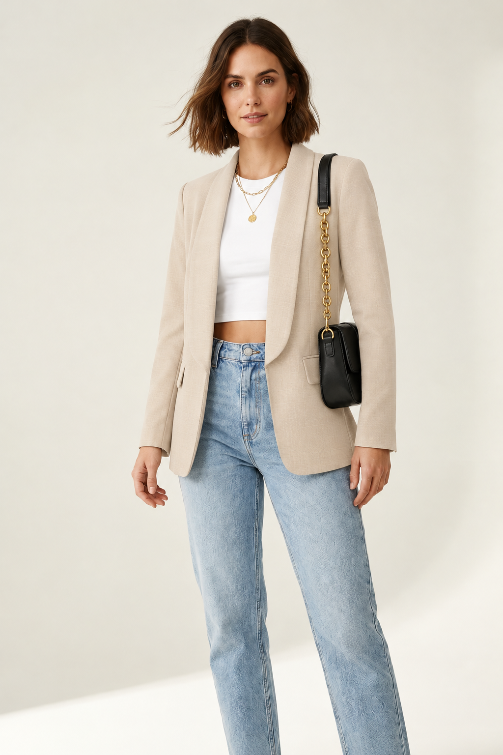 Tailored Open-Front Blazer with Structured Shoulders and Flap Pockets in Khaki, studio shot