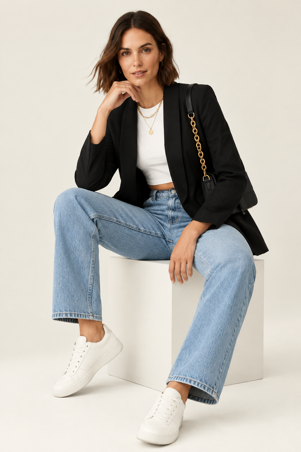 A woman modeling a black blazer over a white crop top and light blue jeans, carrying a black shoulder bag with a gold chain strap against a plain light beige studio background.