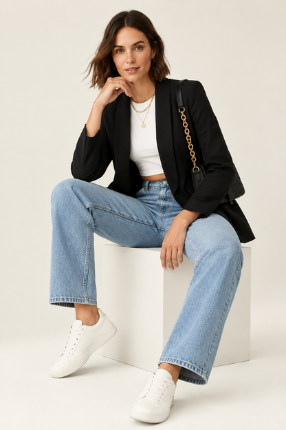 A woman modeling a black blazer over a white crop top and light blue jeans, carrying a black shoulder bag with a gold chain strap against a plain light beige studio background.