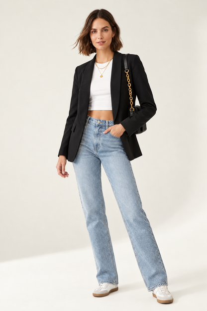 A woman modeling a black blazer over a white crop top and light blue jeans, carrying a black shoulder bag with a gold chain strap against a plain light beige studio background.