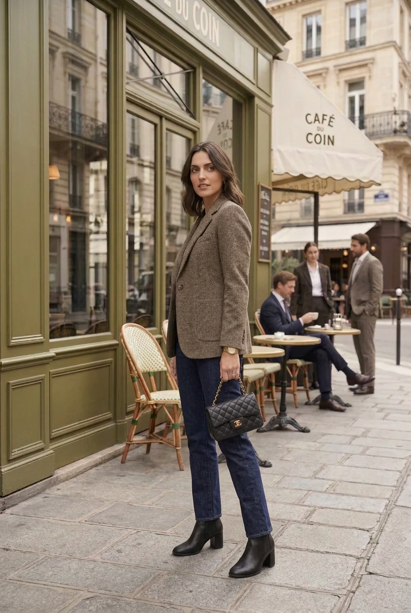 A woman stands on a Parisian street sidewalk in front of a green cafe storefront, wearing a brown tweed blazer, dark blue jeans, and black ankle boots, while holding a black quilted handbag.