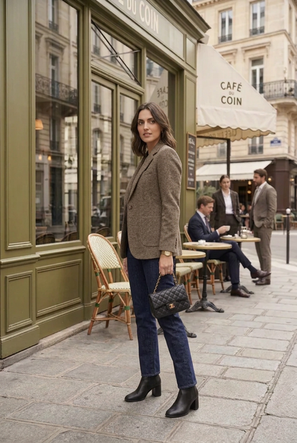 A woman stands on a Parisian street sidewalk in front of a green cafe storefront, wearing a brown tweed blazer, dark blue jeans, and black ankle boots, while holding a black quilted handbag.