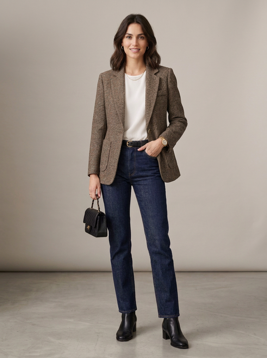 A woman stands in a studio wearing a brown tweed blazer over a white top, dark blue jeans, black ankle boots, and holding a small black handbag.