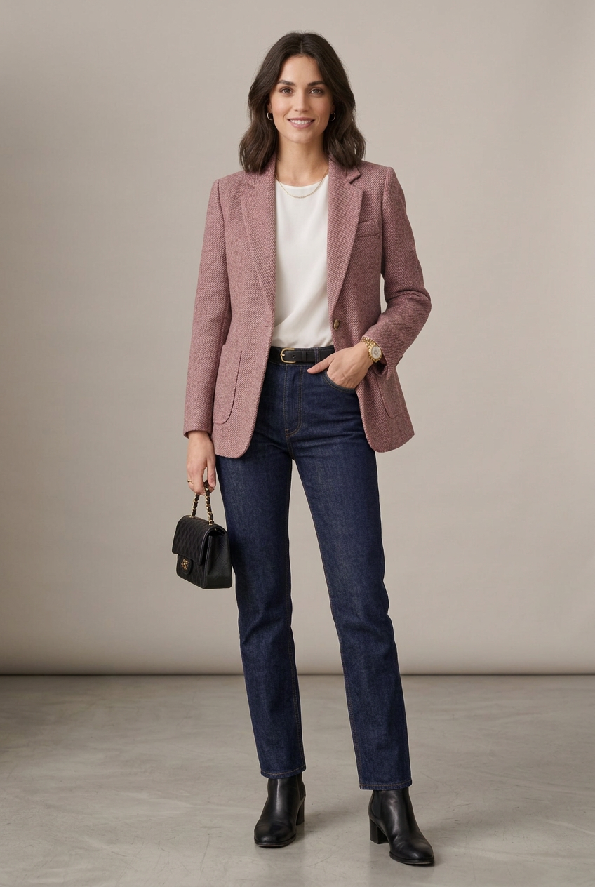 Tailored Wool Blend Blazer with Herringbone Texture in Orange Red, studio shot