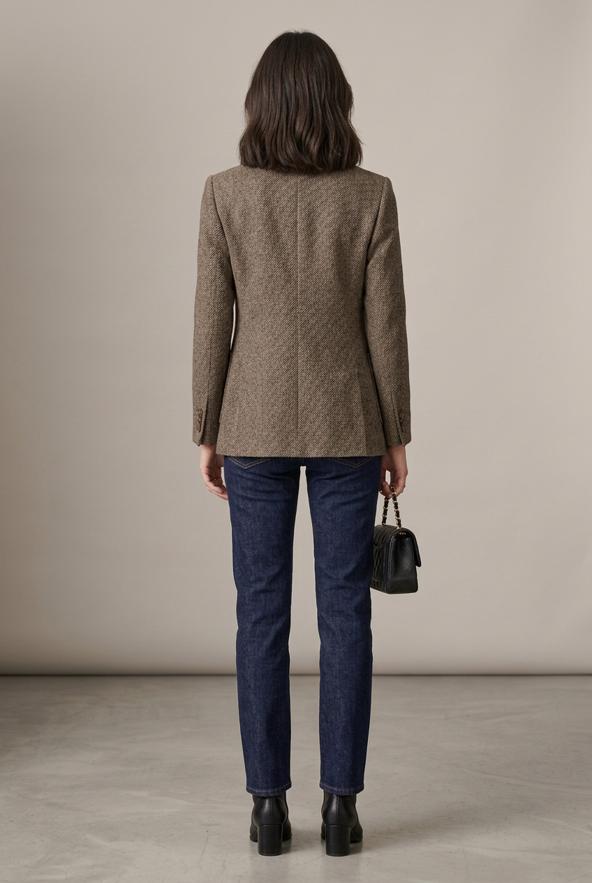 A woman stands in a studio wearing a brown tweed blazer over a white top, dark blue jeans, black ankle boots, and holding a small black handbag.