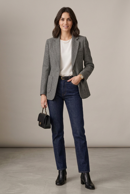 Tailored Wool Blend Blazer with Herringbone Texture in Grey, studio shot