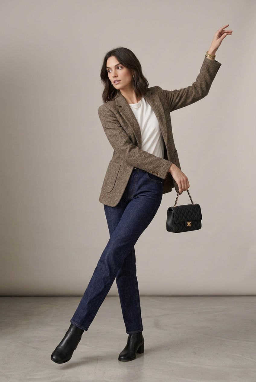 A woman stands in a studio wearing a brown tweed blazer over a white top, dark blue jeans, black ankle boots, and holding a small black handbag.