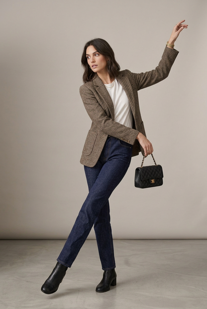 A woman stands in a studio wearing a brown tweed blazer over a white top, dark blue jeans, black ankle boots, and holding a small black handbag.