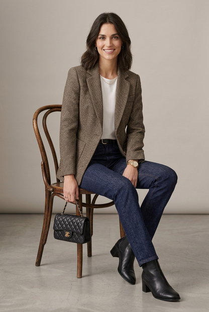 A woman stands in a studio wearing a brown tweed blazer over a white top, dark blue jeans, black ankle boots, and holding a small black handbag.