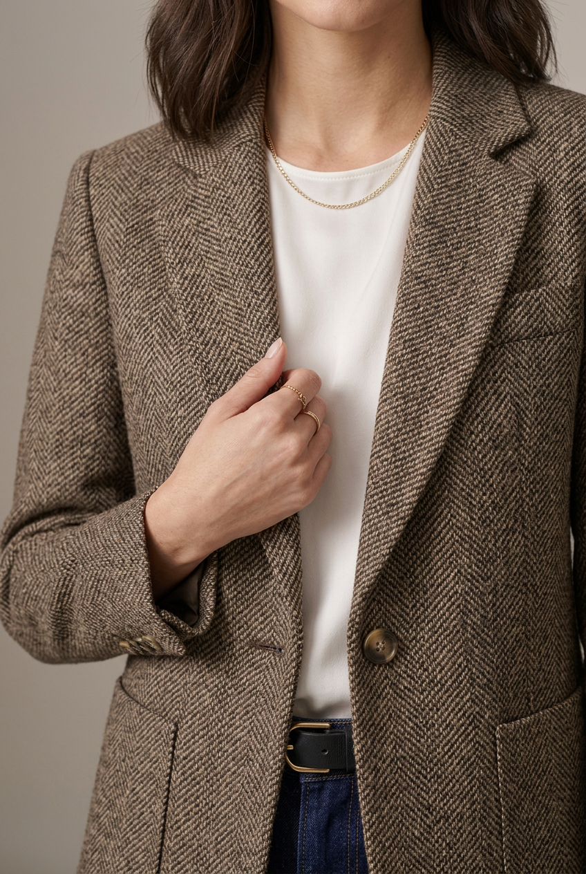 A woman stands in a studio wearing a brown tweed blazer over a white top, dark blue jeans, black ankle boots, and holding a small black handbag.