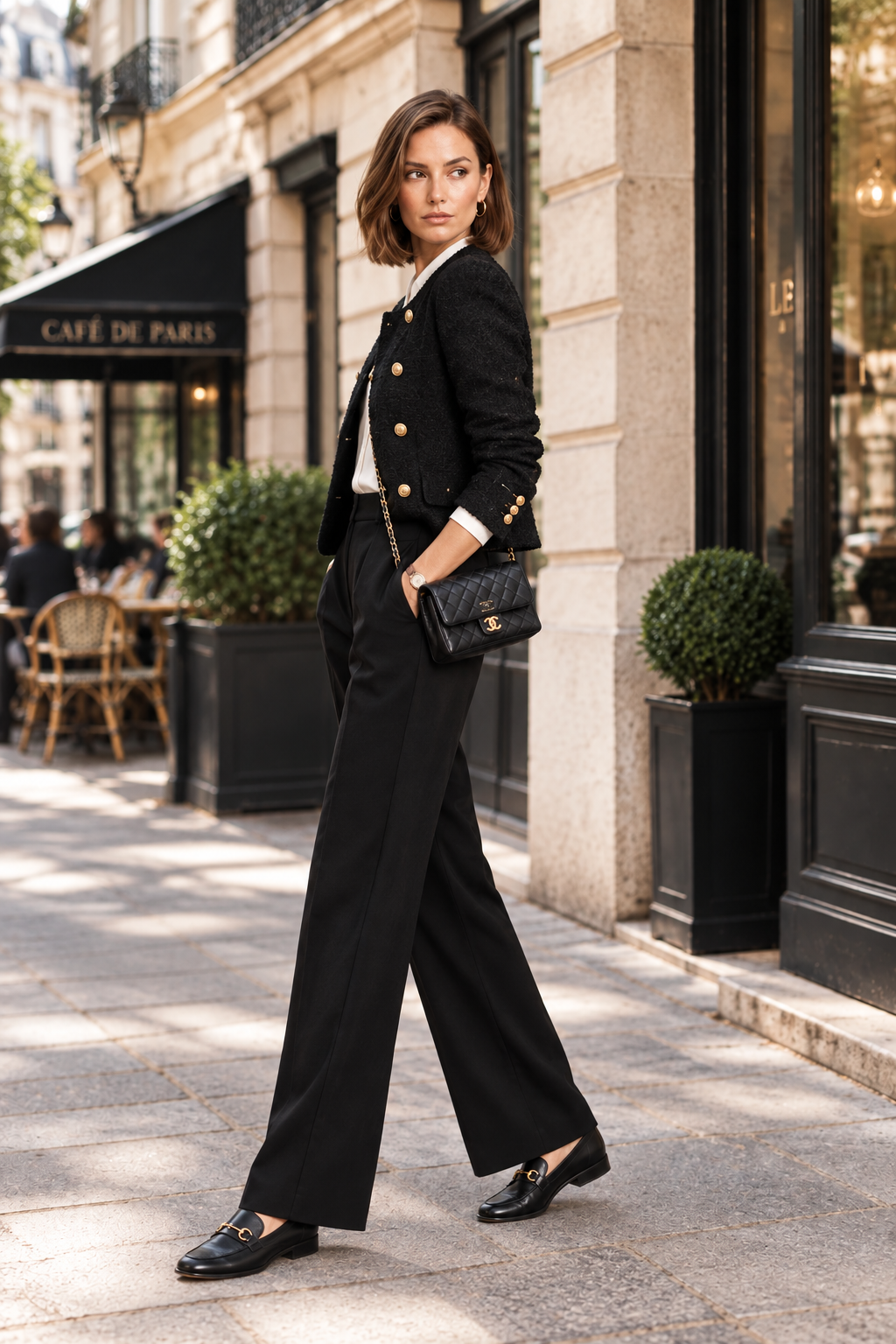 A woman stands on a city sidewalk wearing a black double-breasted blazer with gold buttons, black wide-leg trousers, a white top, and carrying a black quilted shoulder bag with a gold chain.