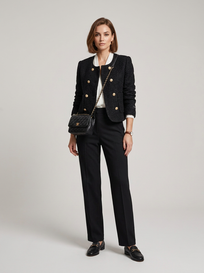 A woman stands against a light gray studio background wearing a black double-breasted tweed blazer with gold buttons, black trousers, a white collared shirt, black loafers, and a black quilted crossbody bag with gold hardware.