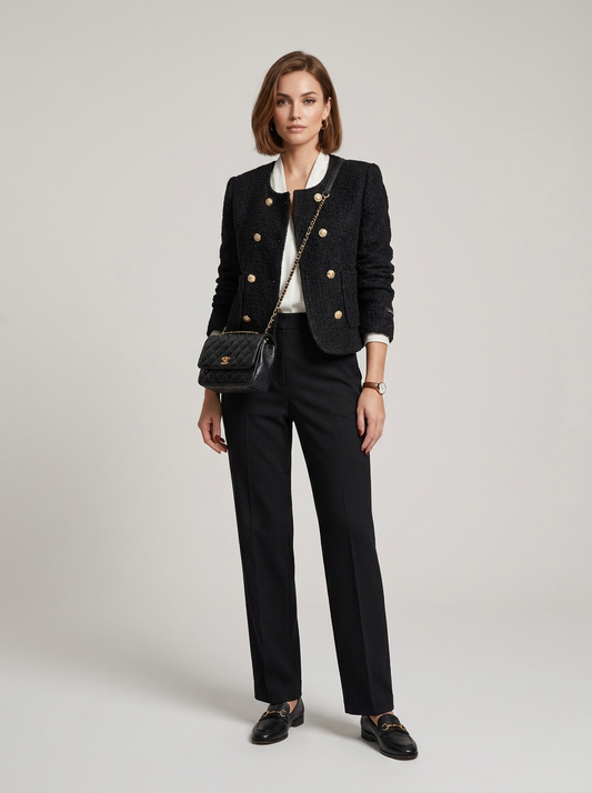 A woman stands against a light gray studio background wearing a black double-breasted tweed blazer with gold buttons, black trousers, a white collared shirt, black loafers, and a black quilted crossbody bag with gold hardware.