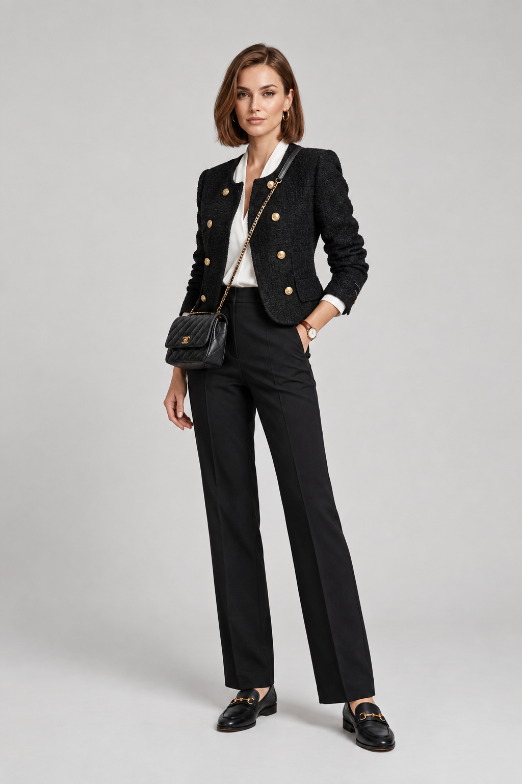 A woman stands against a light gray studio background wearing a black double-breasted tweed blazer with gold buttons, black trousers, a white collared shirt, black loafers, and a black quilted crossbody bag with gold hardware.