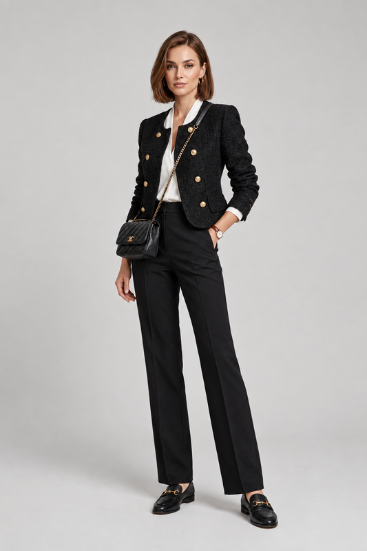 A woman stands against a light gray studio background wearing a black double-breasted tweed blazer with gold buttons, black trousers, a white collared shirt, black loafers, and a black quilted crossbody bag with gold hardware.