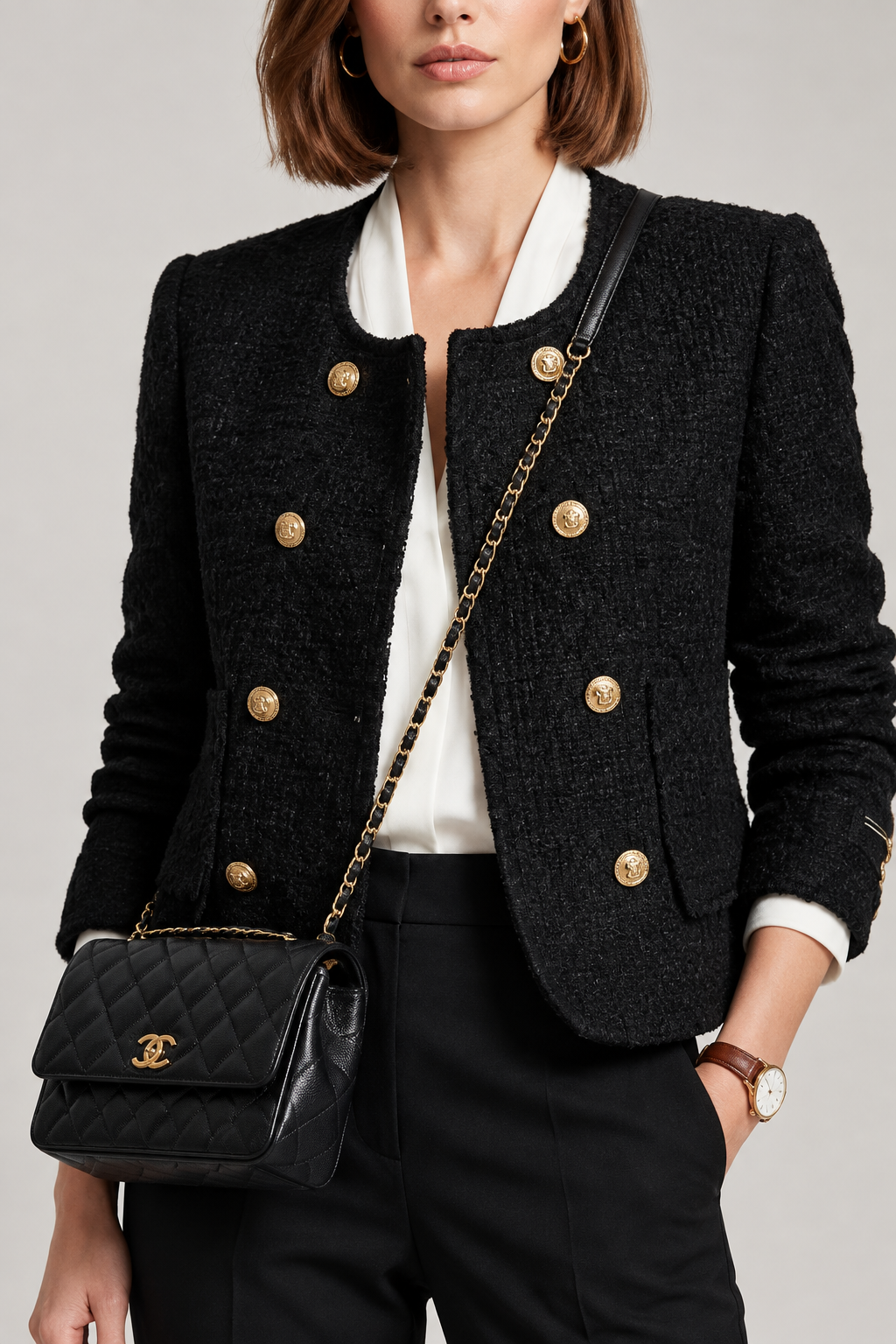 A woman stands against a light gray studio background wearing a black double-breasted tweed blazer with gold buttons, black trousers, a white collared shirt, black loafers, and a black quilted crossbody bag with gold hardware.