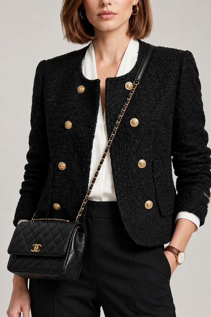 A woman stands against a light gray studio background wearing a black double-breasted tweed blazer with gold buttons, black trousers, a white collared shirt, black loafers, and a black quilted crossbody bag with gold hardware.