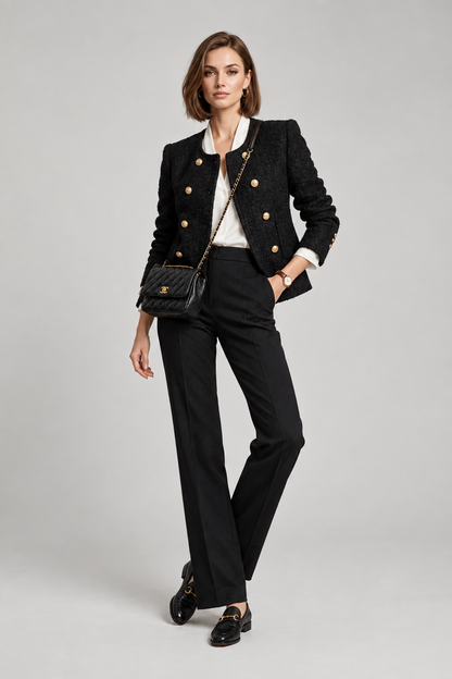 A woman stands against a light gray studio background wearing a black double-breasted tweed blazer with gold buttons, black trousers, a white collared shirt, black loafers, and a black quilted crossbody bag with gold hardware.