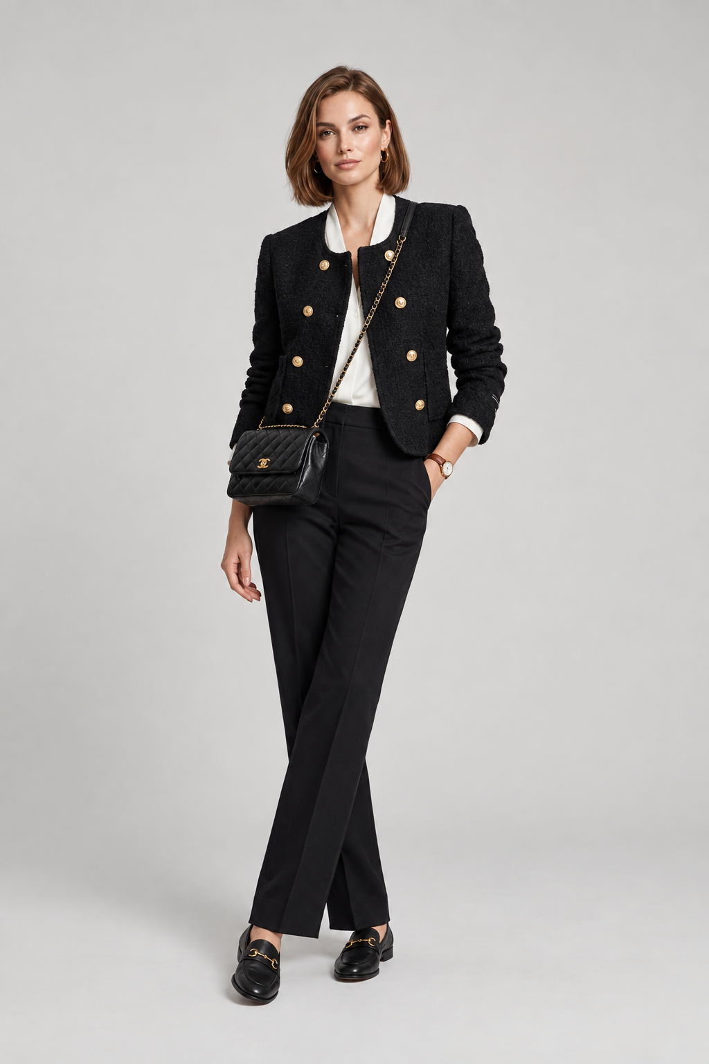 A woman stands against a light gray studio background wearing a black double-breasted tweed blazer with gold buttons, black trousers, a white collared shirt, black loafers, and a black quilted crossbody bag with gold hardware.