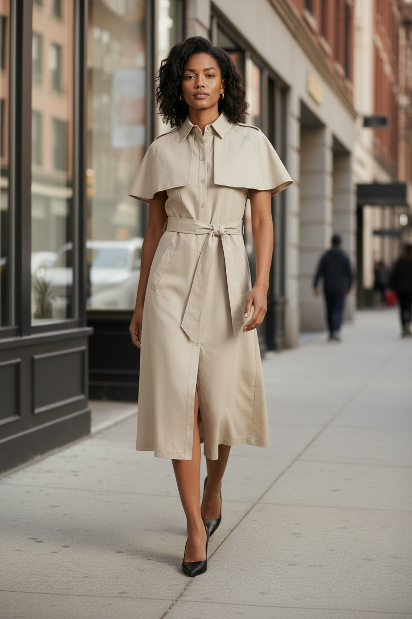 A woman stands on a city sidewalk wearing a light beige trench-style midi dress with short cape sleeves, a pointed collar, front buttons, and a self-tie waist belt. She is wearing dark pointed-toe heels, with storefronts and blurred pedestrians in the background.