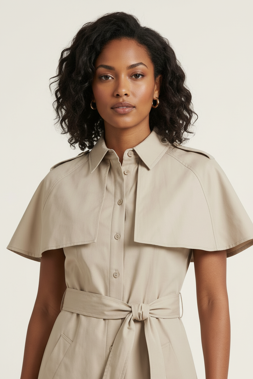 A woman wearing a beige short-sleeve collared shirt dress with shoulder epaulets and a matching waist tie, photographed against a plain light beige studio background.