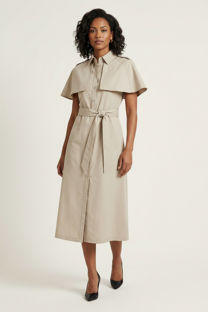 A woman modeling a light beige trench-style midi dress with short cape sleeves, a pointed collar, a self-tie belt at the waist, and front button closure, photographed against a plain light beige studio background.