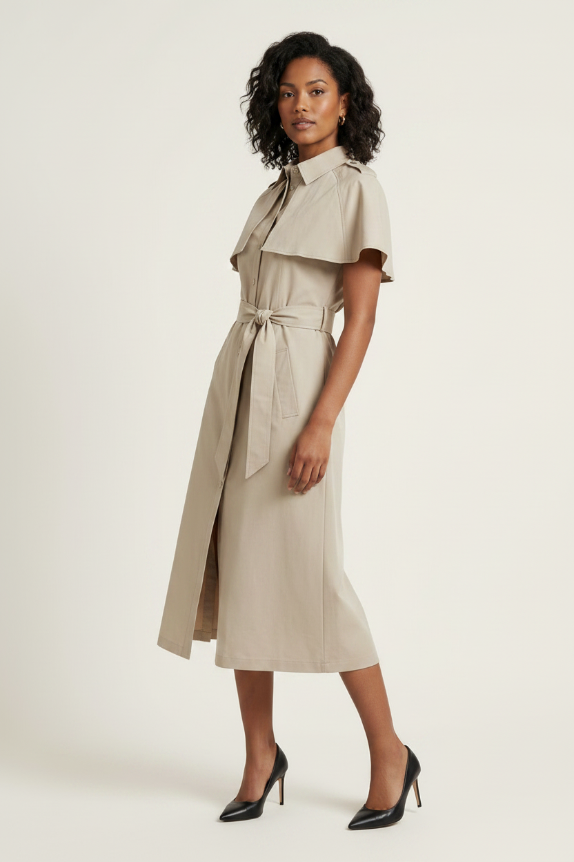 A woman models a light beige trench-style midi dress with short flutter sleeves, a tie-neck detail, and a matching waist tie, paired with black pointed-toe heels against a plain off-white studio background.