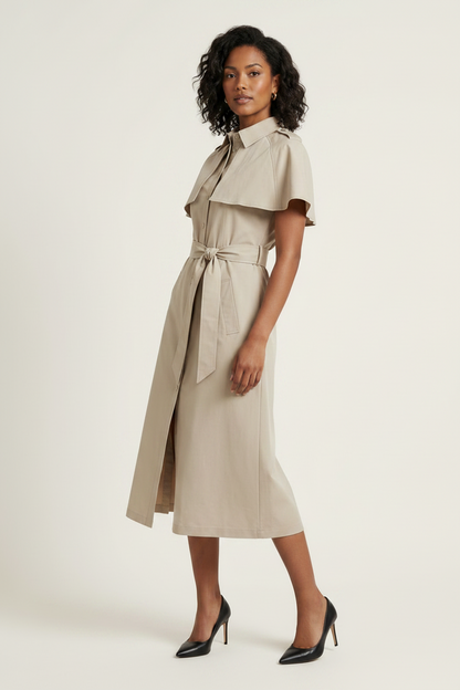 A woman models a light beige trench-style midi dress with short flutter sleeves, a tie-neck detail, and a matching waist tie, paired with black pointed-toe heels against a plain off-white studio background.