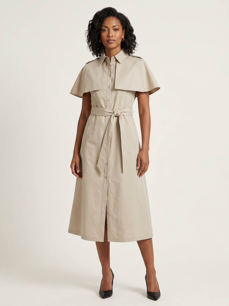 A woman modeling a light beige midi shirt dress with a collar, short flutter sleeves, and a matching waist tie, photographed against a plain light beige studio background.